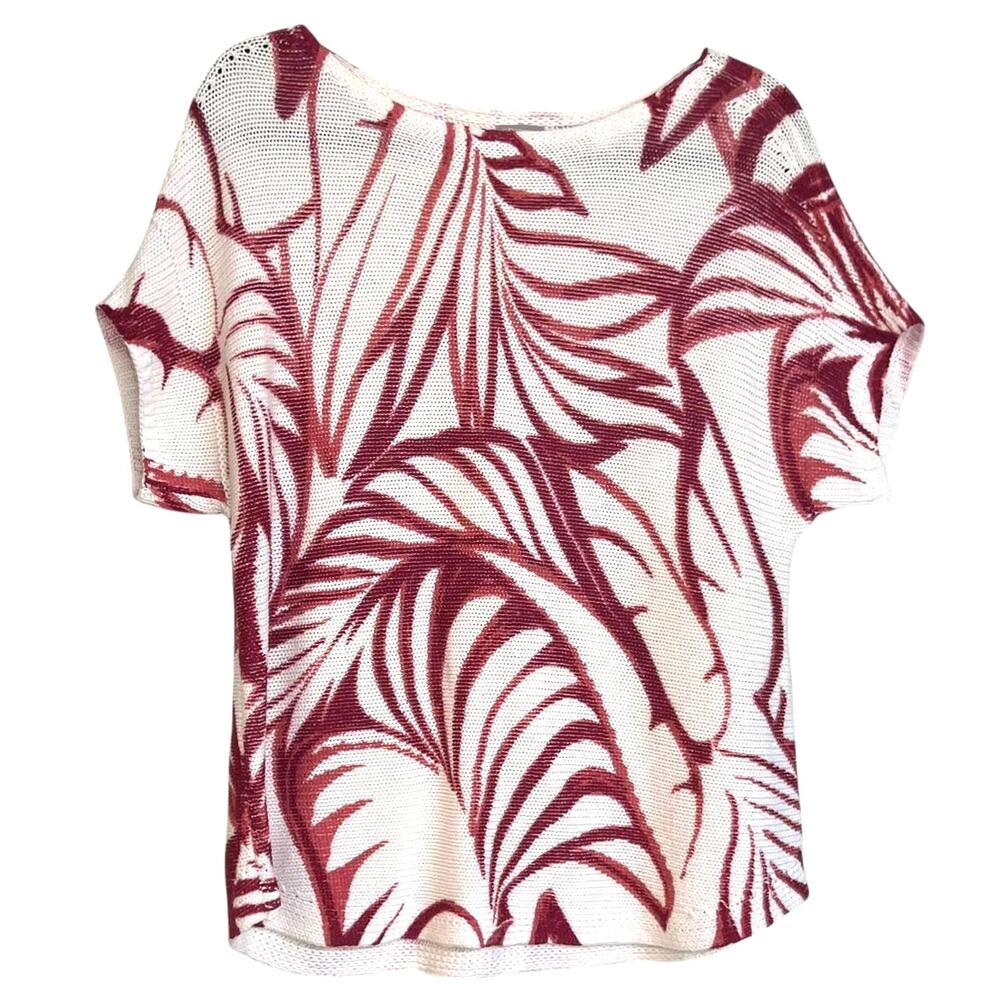 Chico’s Women's 1P / MP Short Sleeve Sweater Cotton Blend Tropical Leaf Knit